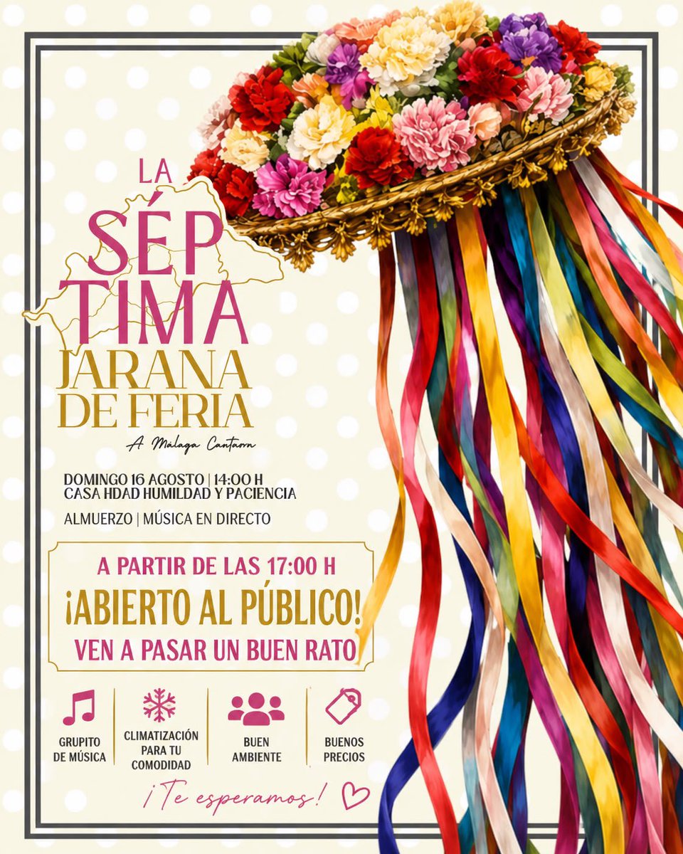 HdadyPaciencia's tweet photo. 𝐄𝐕𝐄𝐍𝐓𝐎𝐒 | 💃🏽Tras el almuerzo de nuestra VII Jarana de Feria, continuaremos compartiendo una magnífica jornada de convivencia.

🕔 A partir de las 17:00 h, abriremos las puertas de nuestra Casa Hermandad a todo el público, invitando a todos aquellos que deseen acompañarnos a disfrutar de una agradable tarde de Feria.

Música en directo, un espacio climatizado, buen ambiente y precios populares serán el mejor marco para seguir viviendo juntos estos días de Feria.

¡Os esperamos!

#YoSoydeHumildadyPaciencia
#CofradiasMLG