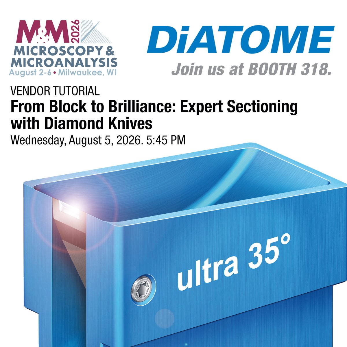 diatomeknives's tweet photo. Don't miss today's DiATOME Vendor Tutorial with Frédéric Leroux. You’ll learn how to produce reliable sections for array tomography, how to trim blocks cleanly, and how to adapt sectioning techniques for both biological and materials science samples.
#MM2026 #diatomeknives https://t.co/1WATFcY121