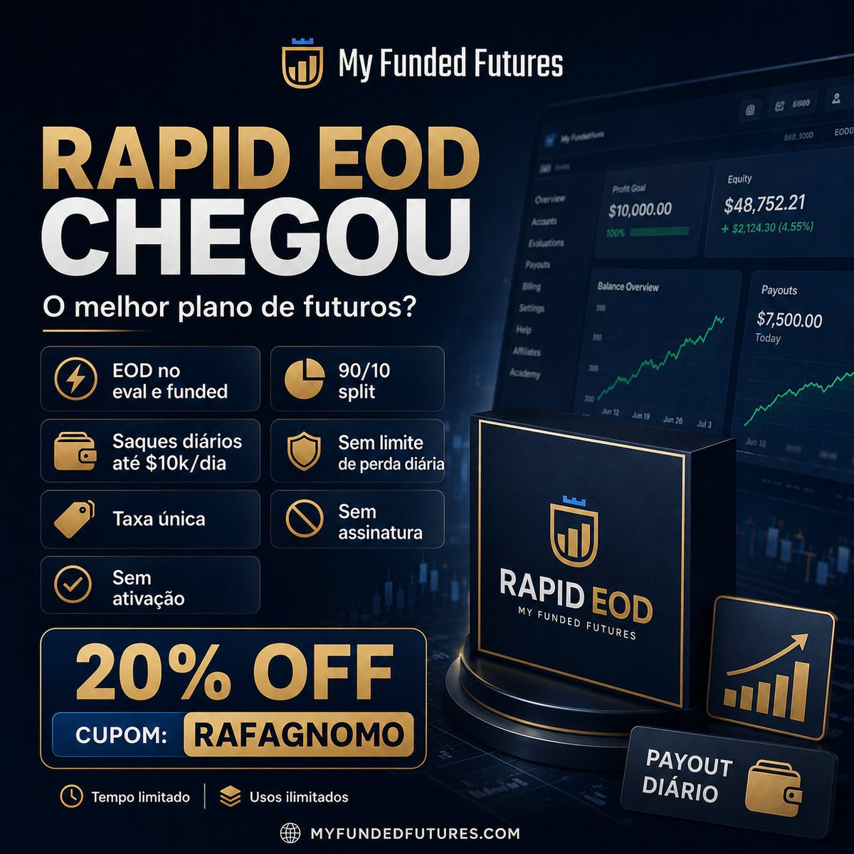 rafagnomo's tweet photo. 🚀 RAPID EOD CHEGOU NA MYFUNDEDFUTURES 🚀

✅ Drawdown EOD na avaliação e no funded
💰 Split 90/10
💸 Payouts diários de até US$ 10.000
1️⃣ Pagamento único — sem assinatura e sem taxa de ativação

🎟 20% OFF : RAFAGNOMO
⏳ Oferta por tempo limitado

👉 https://t.co/sWD8wJ75zO https://t.co/yBBpjy5GWz