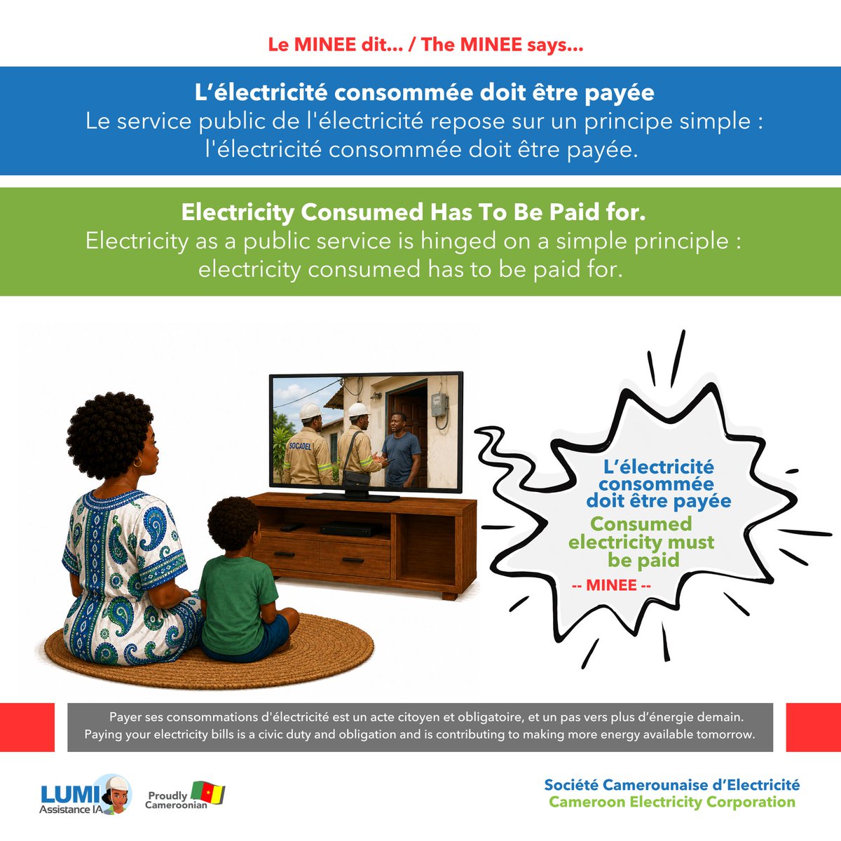InsideSocadel's tweet photo. #CustomerInfo |  "Electricity consumed has to be paid for."

This is what MINEE believes, and SOCADEL thinks so too: every bill paid for helps improve on power supply and build the electricity sector for everyone's good. 💡

Together, let us power progress. ⚡🇨🇲 https://t.co/YrE9yTXz3l