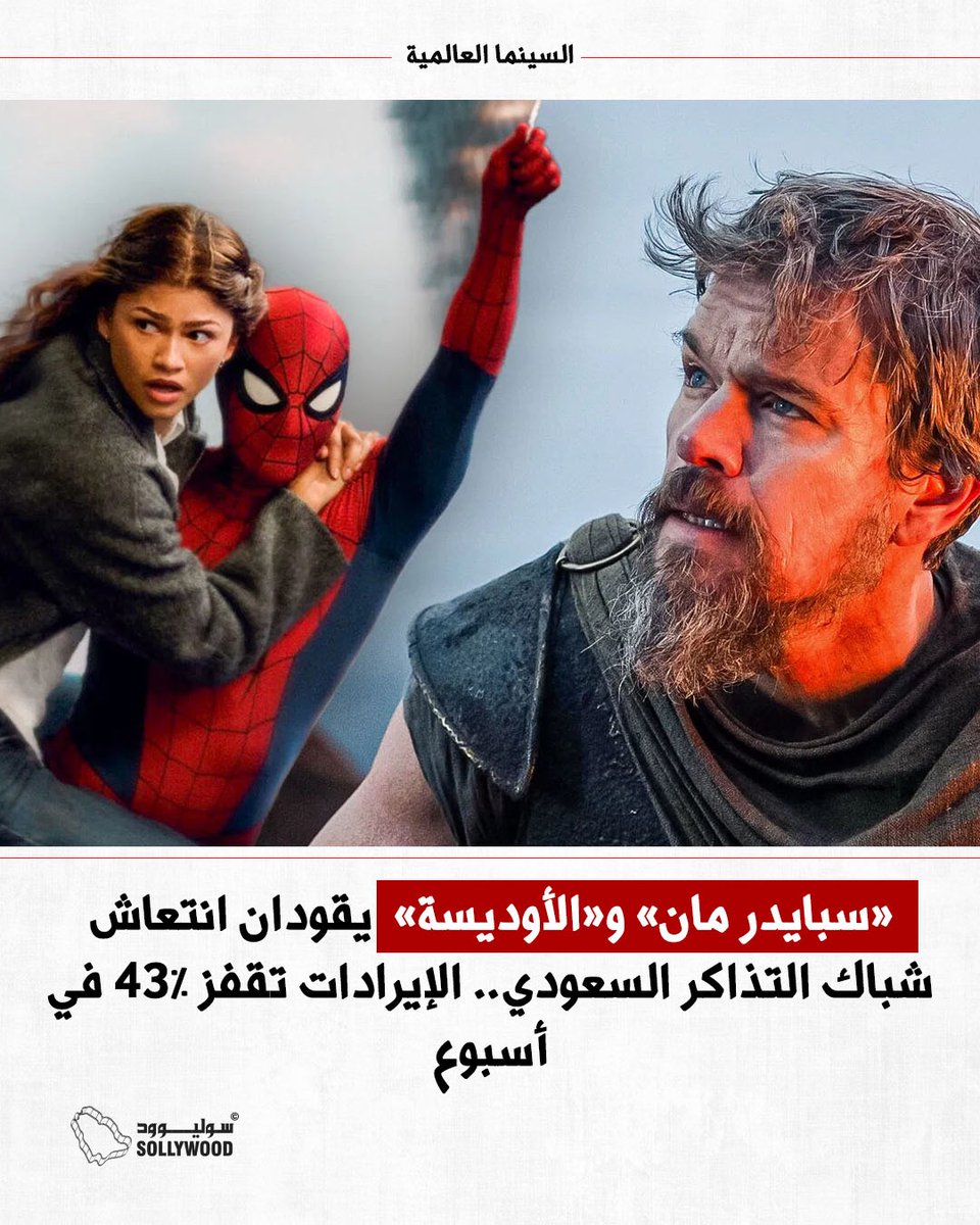 Sollywood_sa's tweet photo. شباك التذاكر السعودي يقفز إلى 44.7 مليون ريال خلال أسبوع بزيادة 43% عن الأسبوع السابق.. "سبايدر مان: يوم جديد كليا" و"الأوديسة" يستحوذان على 72% من الإيرادات، فيما تجاوزت مبيعات التذاكر 861 ألف تذكرة

#سوليوود https://t.co/QbcX2dKayS