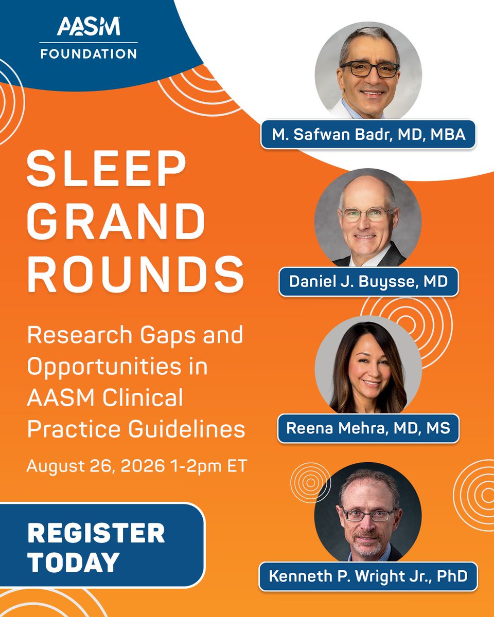 aasmfoundation's tweet photo. Join Sleep Grand Rounds on Aug. 26, 1–2 p.m. EDT, to explore research gaps and opportunities in AASM guidelines for insomnia, sleep apnea, and shift work disorder. Discover priorities shaping future care and research. 

🔗 Register today: https://t.co/jBHemTN4Cz https://t.co/l0C3syKe0D