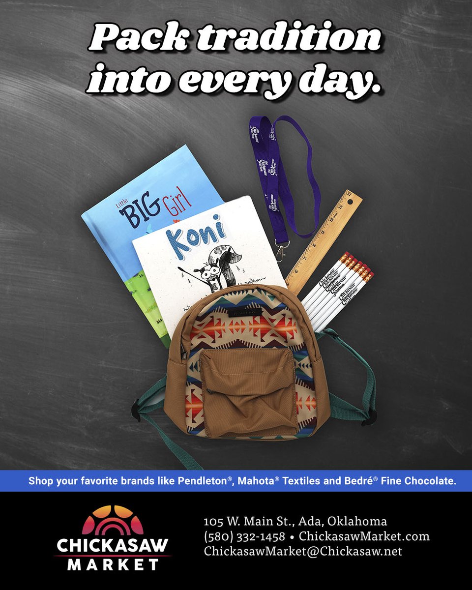 ChickasawNation's tweet photo. Head back to school with gear from the Chickasaw Market! 

Visit the Chickasaw Market at 105 W. Main on Ada Main Street, open Tuesday-Friday from 10 a.m.-4 p.m. To purchase items over the phone, call (580) 332-1458. https://t.co/EgUwenwS9h