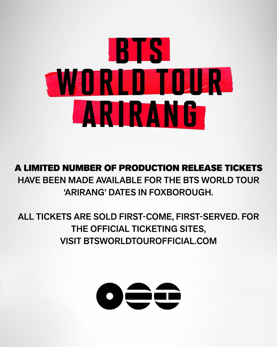 GilletteStadium's tweet photo. ARMY: Production tickets just released for BTS WORLD TOUR ‘ARIRANG’ IN FOXBOROUGH!
🎟️: https://t.co/aBMKDy55xW https://t.co/TPDwJVqxN1