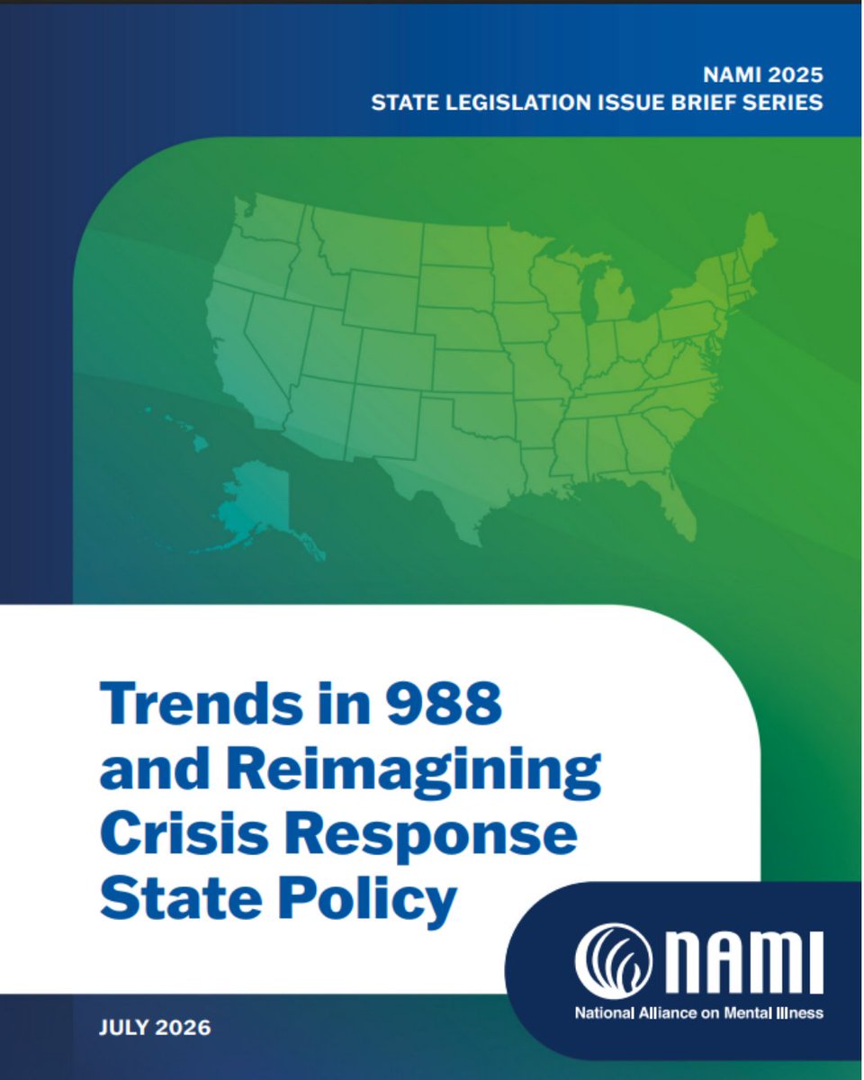 NAMICommunicate's tweet photo. Strong crisis response starts with strong state policy.

Across the country, states are advancing legislation to strengthen 988 and build more responsive, connected crisis care systems. NAMI's 2025 State Legislation Issue Brief Series: Trends in 988 and Reimagining Crisis Response State Policy highlights key policy trends and recommendations to help ensure people experiencing a mental health crisis can access the support they need.

Read the brief and explore what's shaping the future of crisis response: https://t.co/R5gekRu2zw