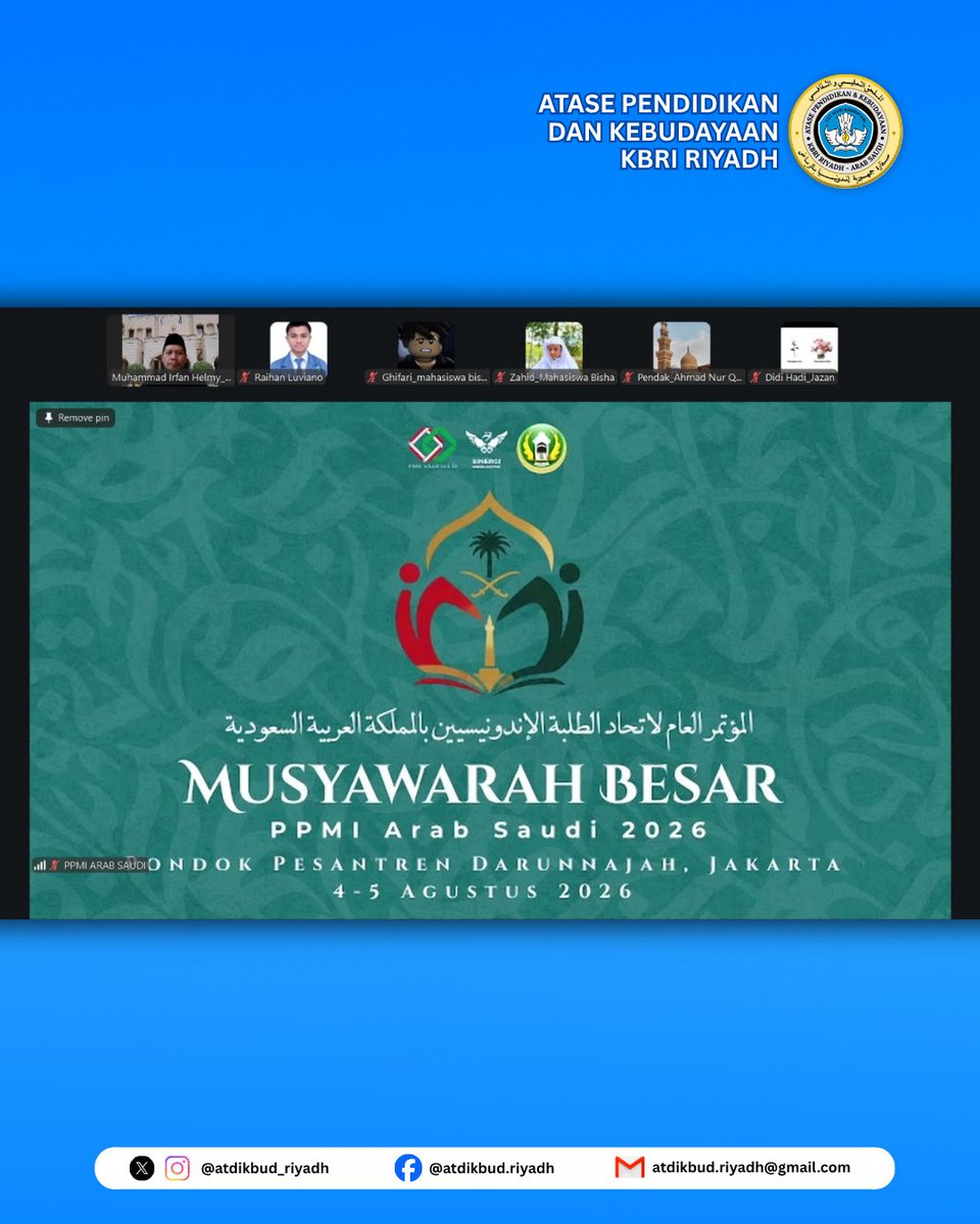 atdikbud_riyadh's tweet photo. Mubes 4–5 Agustus ini bahas LPJ pengurus 2025–2026, pengesahan AD/ART &amp; GBHO, hingga pemilihan Ketua Umum PPMI Arab Saudi periode baru. PPMI menaungi 25+ kampus &amp; 14 wilayah di seluruh Arab Saudi! 🌍📚

#PPMIArabSaudi
#MahasiswaIndonesiaArabSaudi https://t.co/lpGKP6opkn