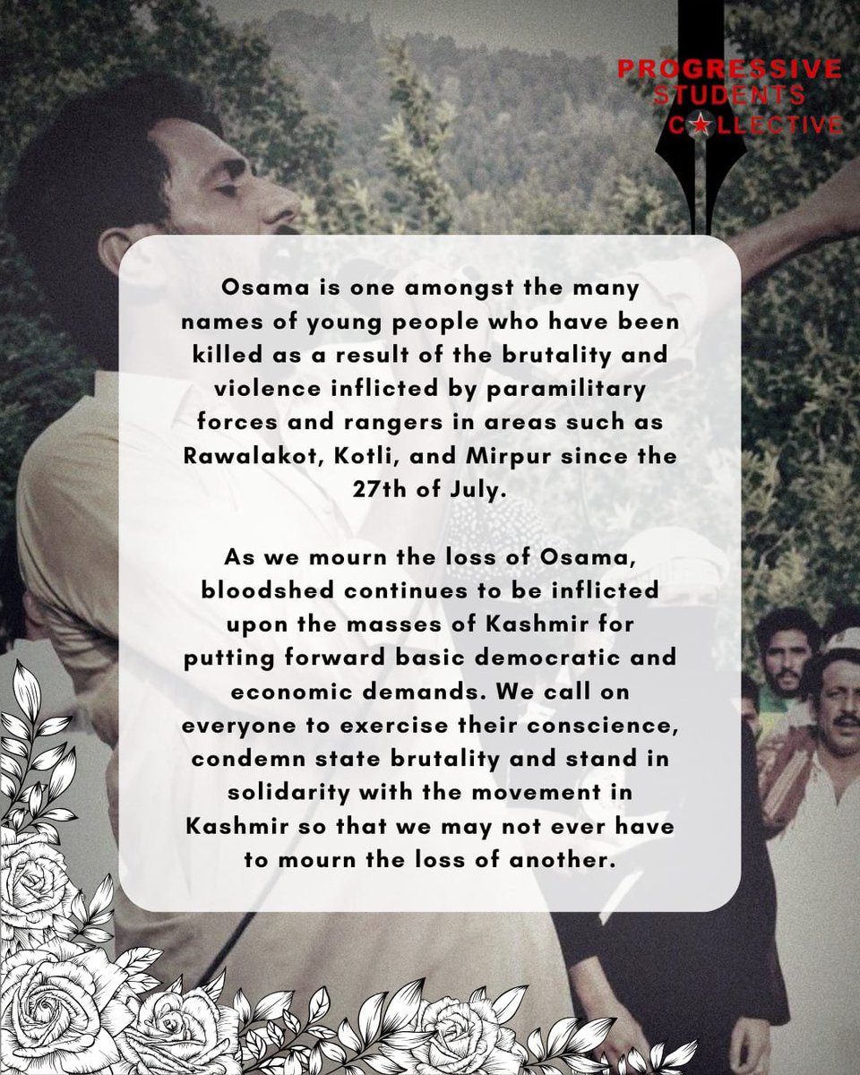 PSCollective_'s tweet photo. In Revolutionary memory of Osama Jamil, PhD Scholar and Deputy Chief Organizer Jammu Kashmir National Students' Federation (JKNSF). 

#rightsmovementajk https://t.co/fOi1SIykcS