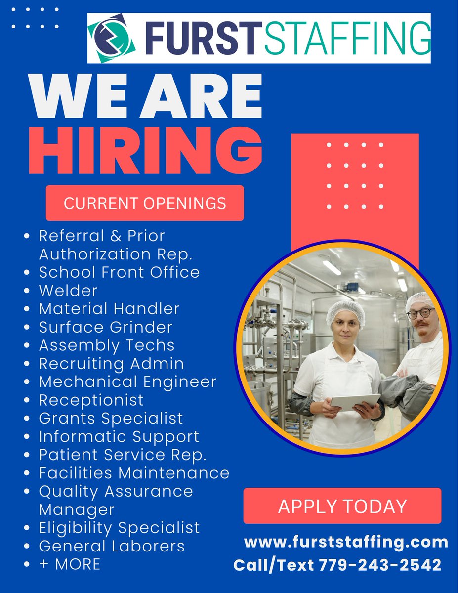 FurstStaffing's tweet photo. August is here and so are new job opportunities!  FurstStaffing is on the hunt for talented people like YOU to fill a variety of roles in Northern IL and Southern WI. Tap the link in our bio or text 779-243-2542 to apply now! https://t.co/w2G4gFEAik https://t.co/FX7nwHglGi