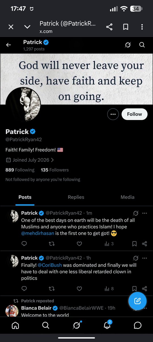 USfallofanempir's tweet photo. @PatrickRyan42 @MichelleObama @BarackObama Ladies and gentleman, this man has a opinion on division and wishes all Muslims to die... 😬🤦 Among other things. What a joke. https://t.co/tnlYqmY0dd