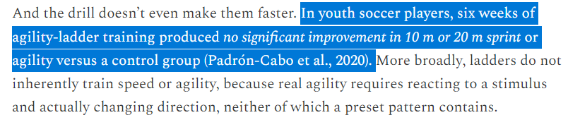 adaptskill's tweet photo. My research on bags in training led me to this study on agility ladders

"In youth soccer players, 6 weeks of agility-ladder training produced no significant improvement in 10 m or 20 m sprint or agility versus a control group (Padrón-Cabo et al., 2020)."

https://t.co/KHY0DHoiAj https://t.co/lzEUnMIDsE