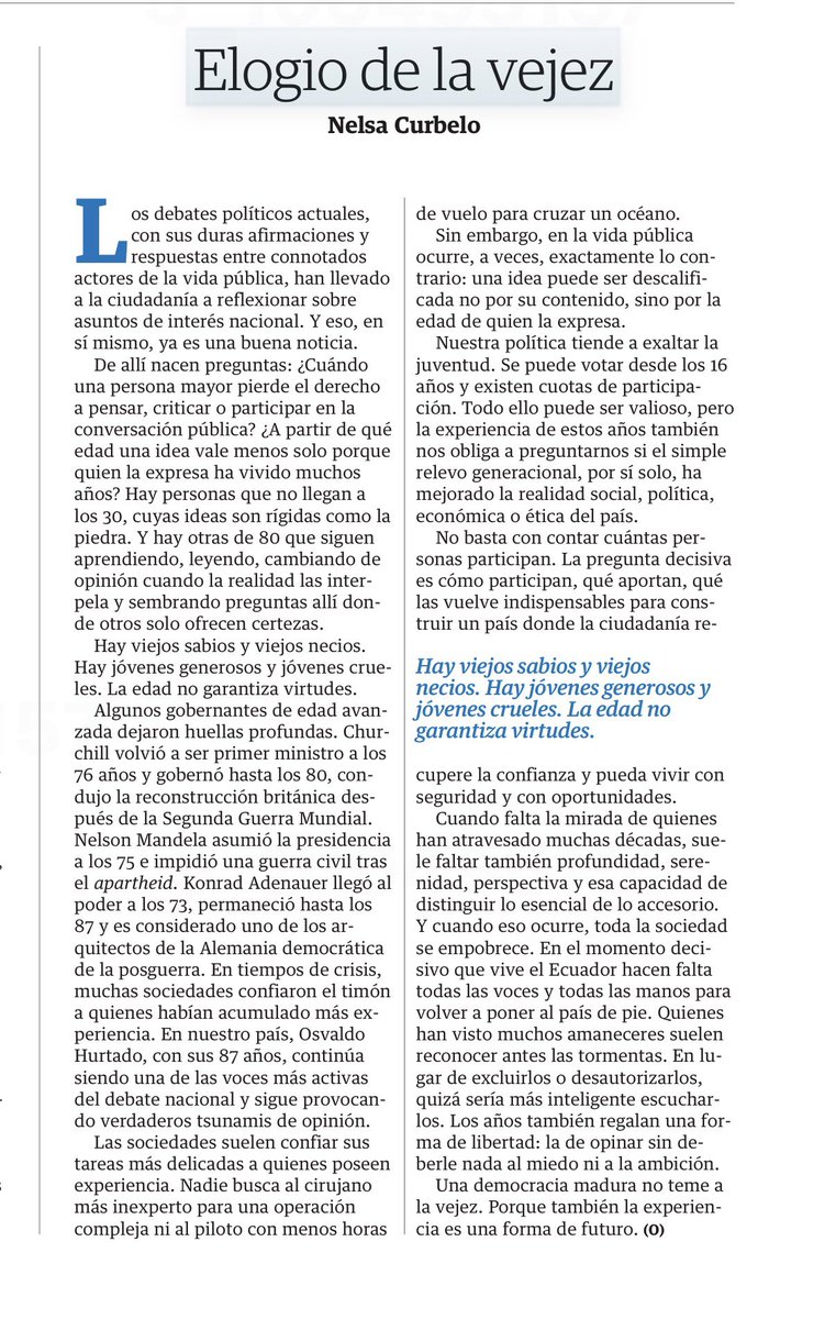 EnVozAlta's tweet photo. Escribe la maestra @nelsacurbeloc:

«En el momento decisivo que vive el Ecuador hacen falta todas las voces y todas las manos para volver a poner al país de pie. Quienes han visto muchos amaneceres suelen reconocer antes las tormentas. En lugar de excluirlos o desautorizarlos, quizá sería más inteligente escucharlos. Los años también regalan una forma de libertad: la de opinar sin deberle nada al miedo ni a la ambición.»