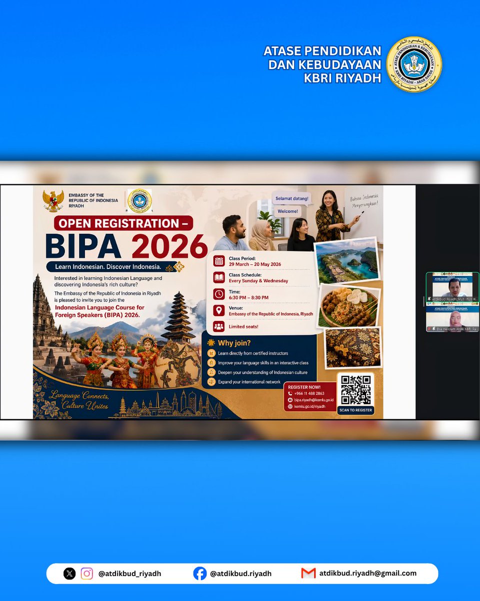 atdikbud_riyadh's tweet photo. Atdikbud Riyadh paparkan capaian &amp; peluang bahasa dan budaya Indonesia di Arab Saudi — termasuk program BIPA, kerja sama akademik &amp; inisiatif diplomasi budaya bersama mitra di KSA. Satu dari 15 Atdikbud RI di dunia! 📚✨

#BahasaIndonesia
#DiplomasiBudaya https://t.co/doNZ2Ng5lO
