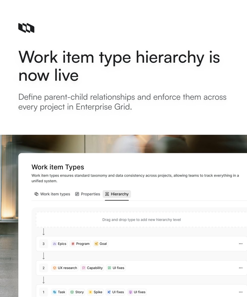 viharkurama's tweet photo. Introducing work item type hierarchy in @planepowers Enterprise Grid.

Organizations can now define parent-child relationships once at the workspace level and apply them across every project. 

This gives teams a consistent structure to work in and agents a clearer system to reason over.