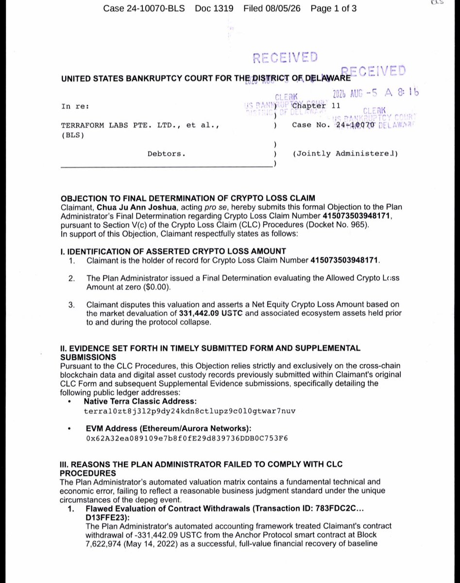 ayewaken's tweet photo. Another Terra Classic investor is calling out the estate's automated algorithm! Docket #1319 exposes how the portal improperly valued a 331,442.09 $USTC claim at $0.00

The filing shows that when the holder pulled USTC from Anchor Protocol during the crash (May 14, 2022), the automated scanner counted it as a "1:1 full dollar recovery" even though USTC had already de-pegged into penny territory! 

This proves regular USTC holders are actively exposing automated scanner errors to get their real losses recognized, adding even more momentum alongside the 1.5% burn tax hike and Binance's $LUNC burns