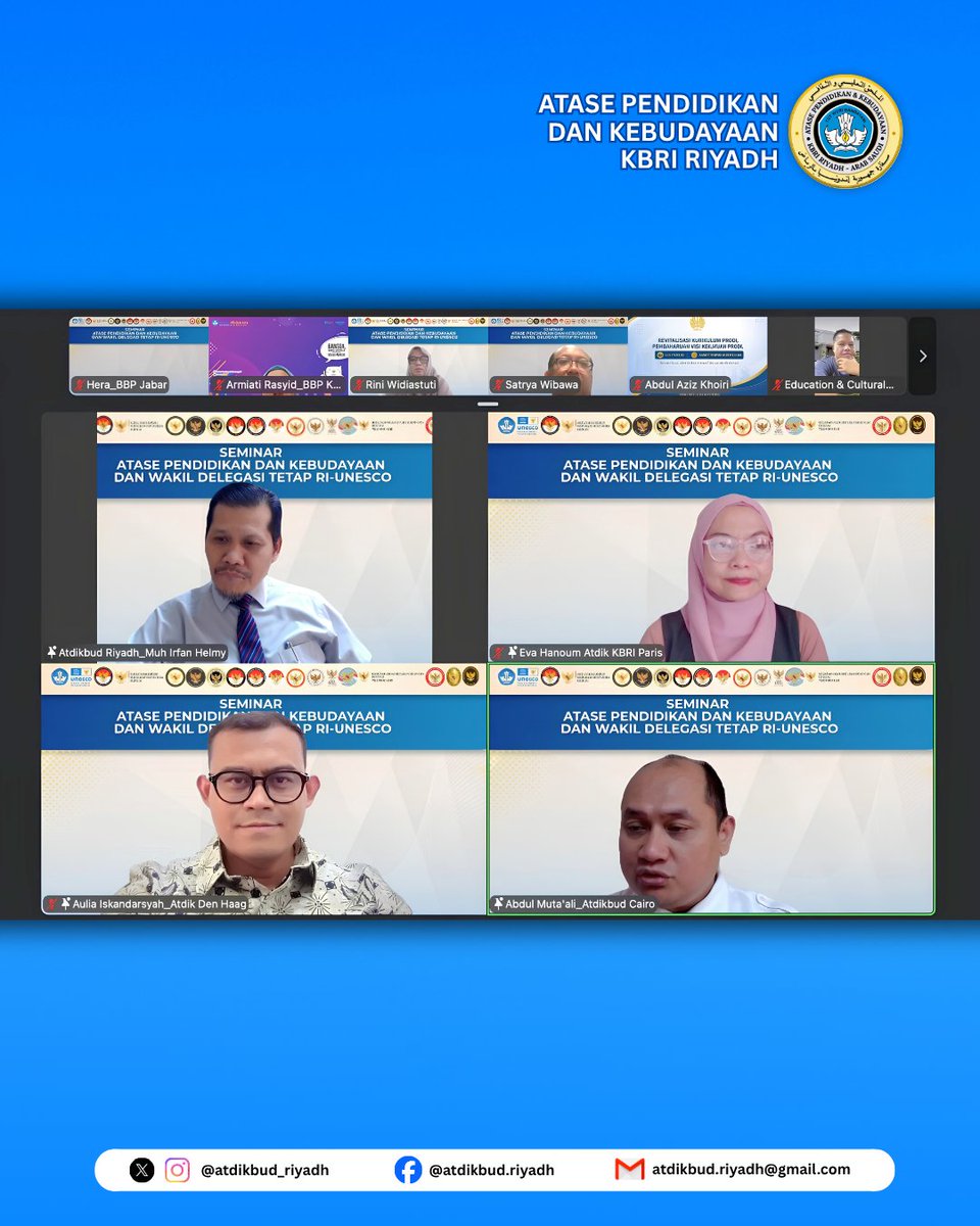 atdikbud_riyadh's tweet photo. Forum strategis perkuat koordinasi antarperwakilan RI seluruh dunia dalam memajukan Bahasa Indonesia sebagai bahasa internasional &amp; memperkenalkan kekayaan budaya Indonesia di kancah global. 🌏🎯

#IndonesiadiDunia
#SeminarAtdikbudUNESCO
#AtdikbudRiyadh https://t.co/ijf9ZLQOeh