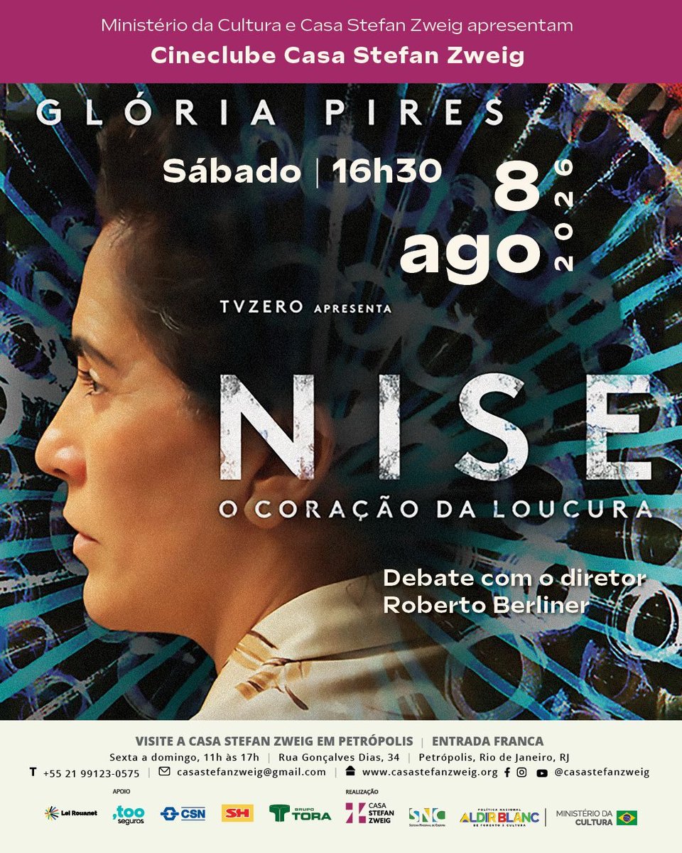 casastefanzweig's tweet photo. Programação especial na Casa Stefan Zweig neste sábado exibe o filme Nise: coração da loucura, com a participação do diretor Roberto Berliner e mediação de Leonardo Dourado
Sábado, 8 de agosto de 2026, às 16h30, com entrada franca https://t.co/4Y9Rvzvbuf