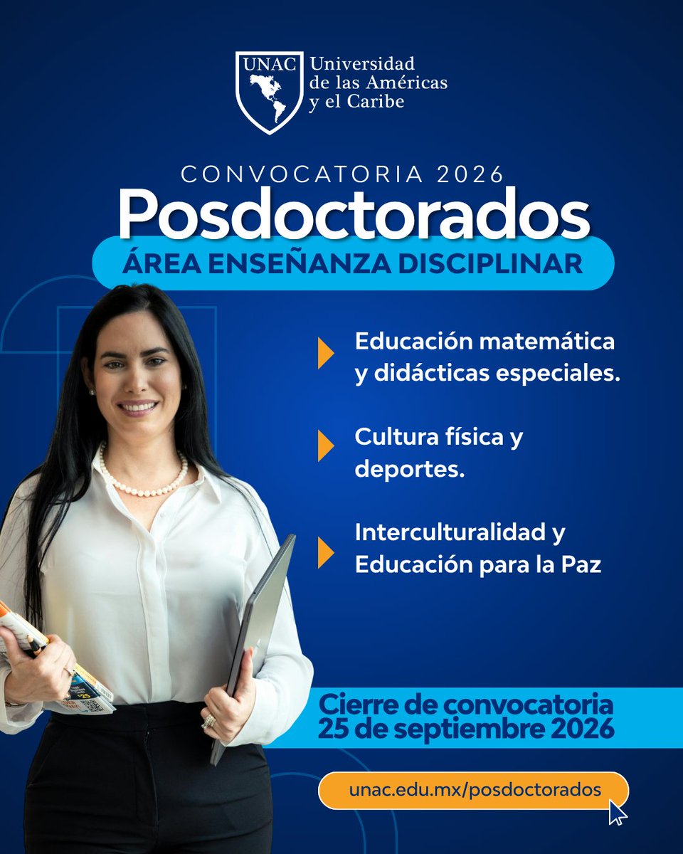 UNACMexico's tweet photo. 🎓 Investiga para innovar en la enseñanza. Participa en el Posdoctorado en Enseñanza Disciplinar de UNAC 2026 y desarrolla proyectos que impulsen la innovación didáctica y transformen los procesos educativos. 📅 Inscripciones hasta el 25 de septiembre. 👉 https://t.co/aVaRw7GzrD https://t.co/fQOsBIk82e