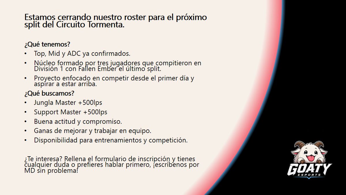 GoatyEsports's tweet photo. Estamos cerrando un nuevo roster para el equipo!
Buscamos Support y Jungla en Master +500 LPs para unirse a un núcleo ya formado. 👇👇
 
Si estás interesado, escríbenos al DM o en  https://t.co/nvS4g1S2og https://t.co/FlSoT1oMzh
