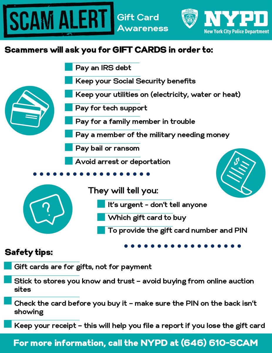 NYPD107Pct's tweet photo. Gift cards are for gifts, not for payments.  See this flyer to help you keep scammers at bay.  Please  share! https://t.co/7MBmE9WjFn