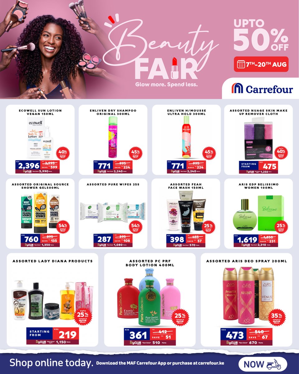 CarrefourKe's tweet photo. Refresh your beauty routine with all your favourite brands at unbeatable deals, only at #CarrefourKenya. https://t.co/LDq9xXM3Nm