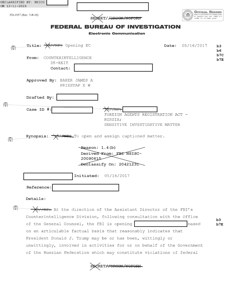 HansMahncke's tweet photo. They previously released McCabe’s document opening the investigation into President Trump. The substance has now been unredacted, but it contains nothing we did not already expect. The truly significant difference is that we can finally see the case name and number, which were presumably concealed to frustrate FOIA requests and hide the full extent of the abuses carried out under this fraudulent investigation.