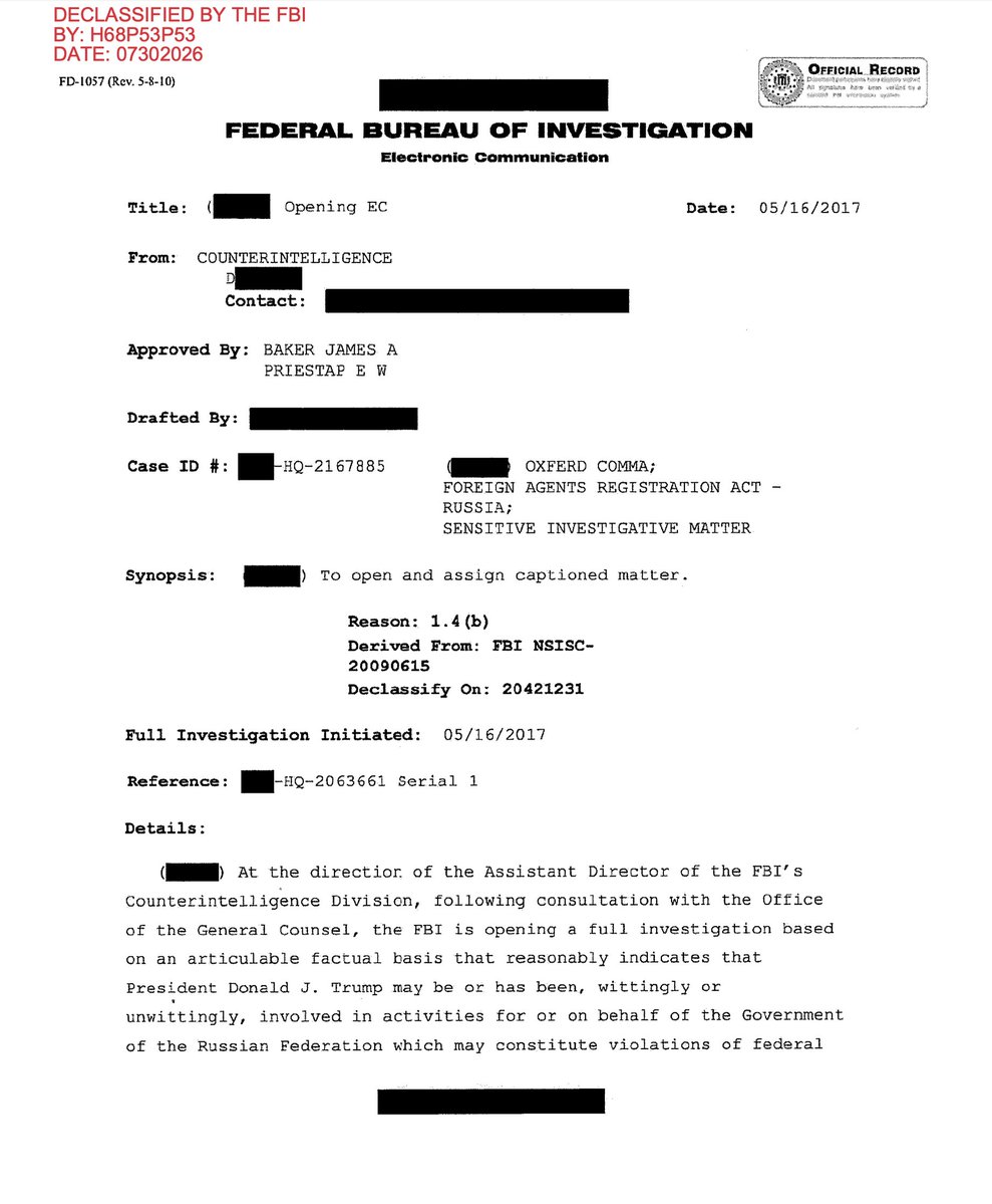 HansMahncke's tweet photo. They previously released McCabe’s document opening the investigation into President Trump. The substance has now been unredacted, but it contains nothing we did not already expect. The truly significant difference is that we can finally see the case name and number, which were presumably concealed to frustrate FOIA requests and hide the full extent of the abuses carried out under this fraudulent investigation.