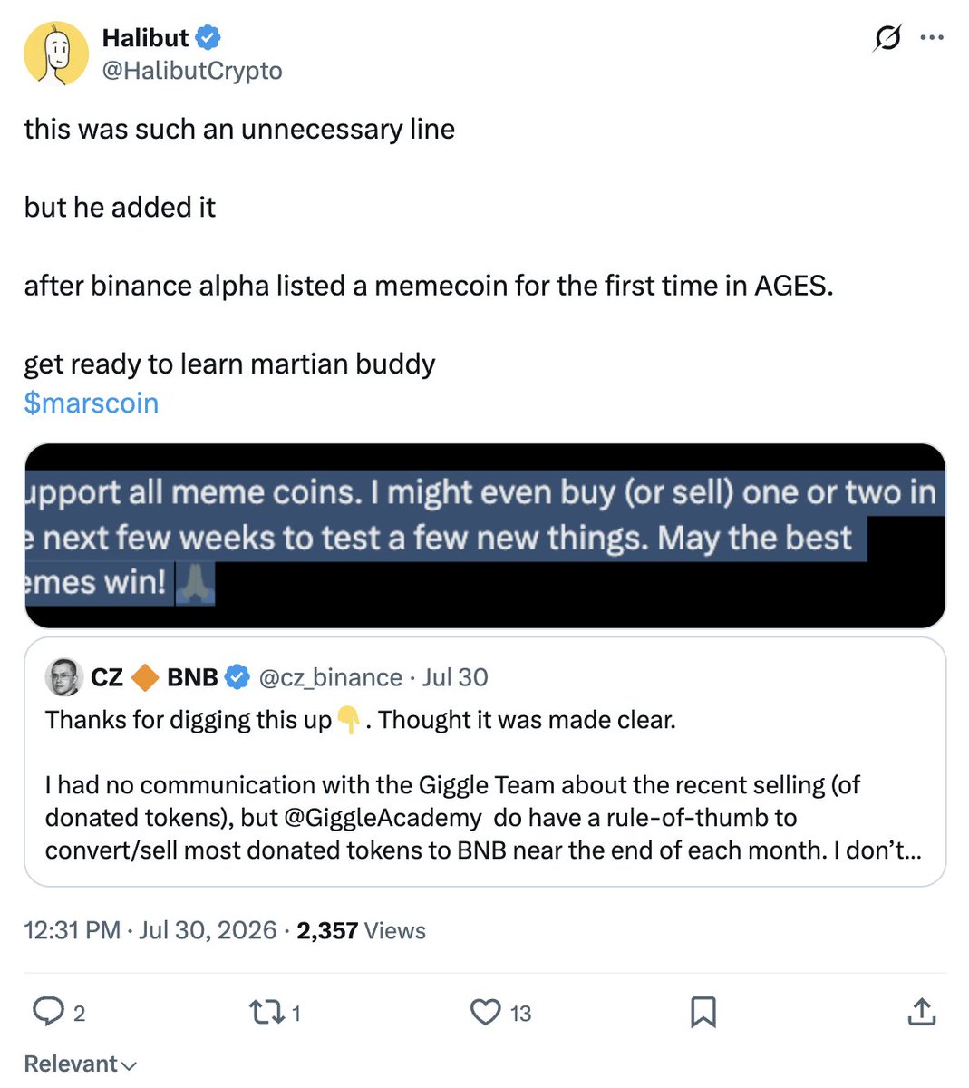 bubblemaps's tweet photo. 2/ $MARS launched a week ago, inspired by an old conversation between CZ and Elon Musk

Days later, it was listed on Binance Alpha and surged to a $60M market cap

Many speculated CZ backed the token https://t.co/LxSnMTAB8W