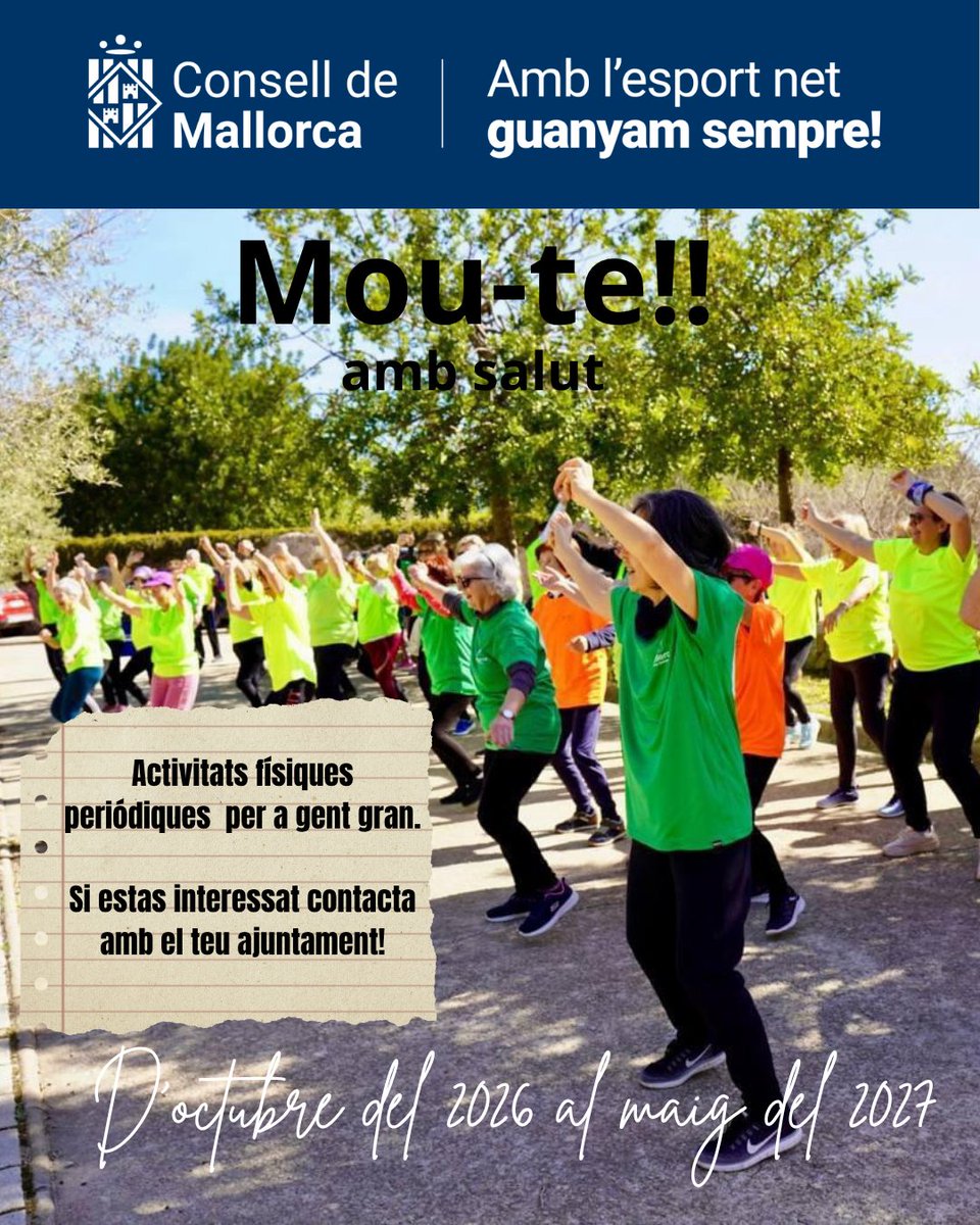 ajsapobla's tweet photo. 🚶‍♀️ A partir de l'octubre, torna el programa Mou-te amb Salut @ConselldeMca.
 
Sessions esportives adreçades a la gent gran!
 
Grup 1: dilluns i dimecres 08.30 a 09.30 h.
Grup 2: dilluns i dimecres 09.30 a 10.30 h.

✍️ Podeu apuntar-vos-hi a la recepció de l'Ajuntament. https://t.co/4y5KvDuG7E