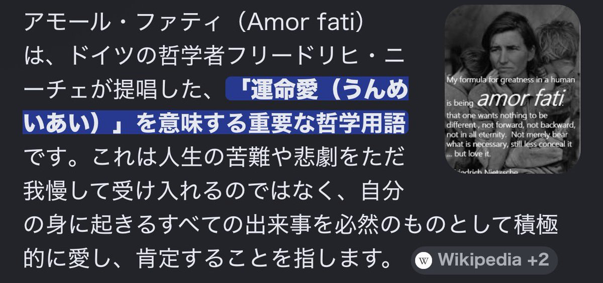momentaryact's tweet photo. ニーチェが提唱した『アモール・ファティ』という考え方にかなり感銘を受けている

そうなんすよ
昨日ずっと考えていた、「自分の人生は万事不幸の連続で、たまに享受できる幸運があれどそれに縋らず不幸と共存していかなければならない」というロジックの手を握り導いてくれるような考え方で... https://t.co/7MD9AEk5Lw