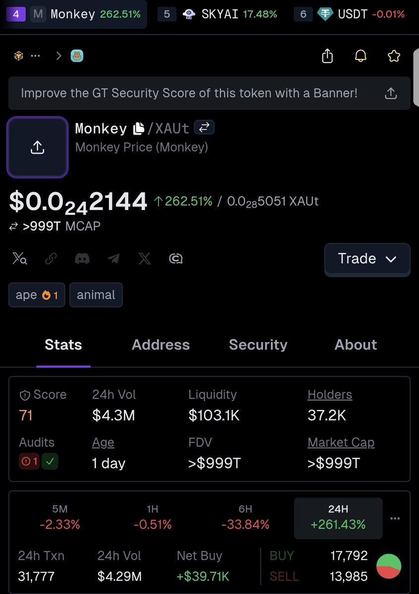 MonkeyCoin_BSC's tweet photo. $Monkey 💎🙌🏻

Smart Contract: 0x684a1768c8d0098811017B7812c23978dd58c276

https://t.co/sXJsmxoEZd

99,9999999% have burned 🔥 https://t.co/NAGqeyGRPA