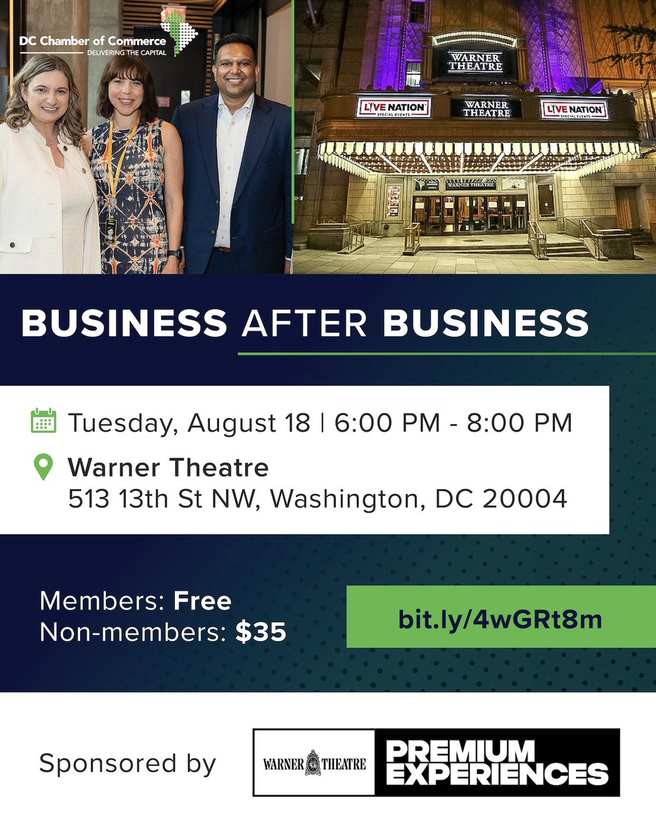 dcchamber's tweet photo. Join the DC Chamber for Business After Business at the historic Warner Theatre on Aug. 18! Connect with business leaders, grow your network, and build new relationships. Members: Free | Non-members: $35 Register: https://t.co/IJvtfmQEAU #DCChamber #Networking https://t.co/zA7XEqu20u