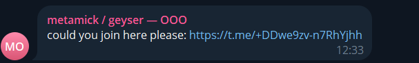 geyserfund's tweet photo. ⚠️⚠️ALERT ⚠️⚠️

Geyser Telegram channel and @metamick14 telegram account have been compromised.

DO NOT CLICK ON ANY LINKS BELOW (CHECK the images) 👇 https://t.co/11QDnjb8ic