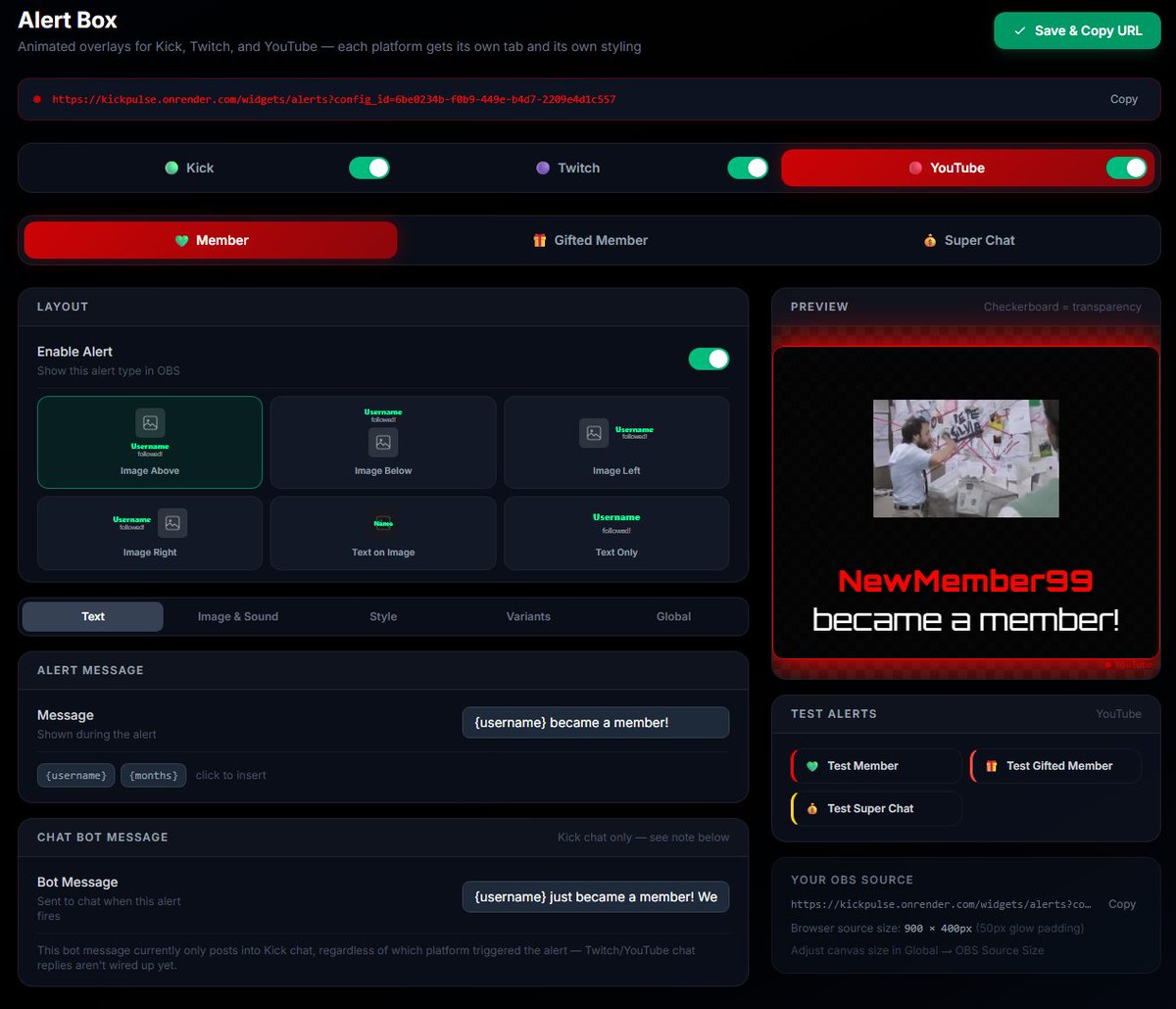 RealKickPulse's tweet photo. It's starting... YouTube is going to need testing. 

Also, QOL updates to Alerts at the same time? Next up, goal bars. https://t.co/xFG1mt1B7t