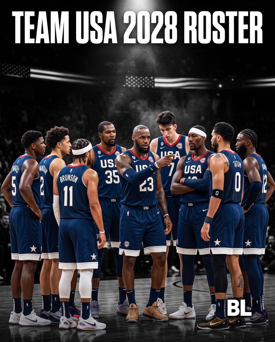 BBallGround's tweet photo. Projected 2028 Olympics roster for Team USA:

Guards
- Jalen Brunson
- Cade Cunningham
- Tyrese Haliburton
- Devin Booker
- Anthony Edwards

Wings
- LeBron James
- Kevin Durant
- Jayson Tatum
- Cooper Flagg

Bigs
- Bam Adebayo
- Chet Holmgren
- Jalen Duren

Kevin Durant plans to play for Team USA in 2028, while LeBron has a roster spot if he wants it.