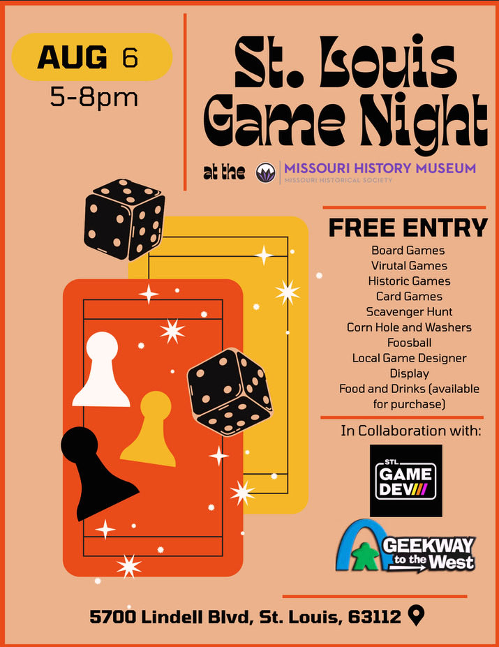 stlgamedev's tweet photo. Y'all busy tomorrow night? We'll be showing off some games made by local devs along with others at the MO History Museum. Plus there will be a phone-app scavenger hunt, board games from Geekway to the West, outdoor games, and food trucks. Come hang out!

#stlouis #free #game https://t.co/dc5Pq69wvs