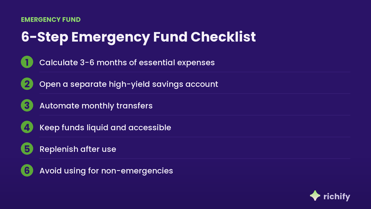 Richify_ai's tweet photo. Having an emergency fund shields you from unexpected costs. This checklist ensures your cushion is solid, accessible, and ready when life throws a curveball. https://t.co/bvhlMqGRiy
