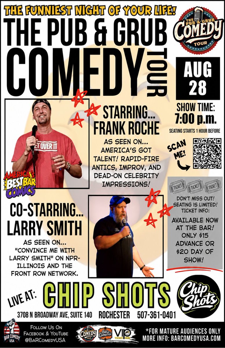 ChipShotsMN's tweet photo. 🎤😂 Warning: Side effects may include snort-laughing, drink-spitting, and sore cheeks.

The comedy keeps rolling into Chip Shots! This time we’re hosting the Pub & Grub Comedy Tour, bringing a lineup of nationally touring comedians straight to Rochester for one unforgettable night.

These shows have a habit of selling out faster than your buddy claims that mulligan didn’t count… so don’t wait!

🎟️ Tickets:
• $15 in advance
• $20 at the door

Grab your tickets at Chip Shots or snag them online before they’re gone:
https://t.co/Yk4g3dSL96

Come hungry. Come thirsty. Leave with abs from laughing. 🍻🤣