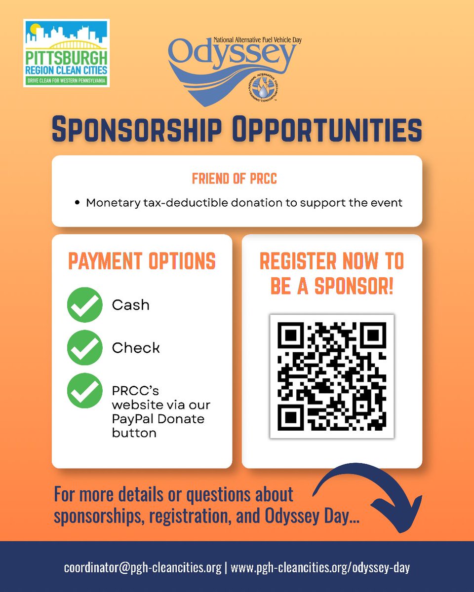PghCleanCities's tweet photo. Want to help drive the future of clean transportation?
Become an #OdysseyDay2026 sponsor and showcase your commitment to sustainable transportation!
๐
October 2 | 9:00 a.m. โ 2:30 p.m.
๐ CCAC โ West Hills Campus
๐ Register to become a sponsor: https://t.co/lcQkHRgywo
#PRCC https://t.co/DsWsOnwfMr