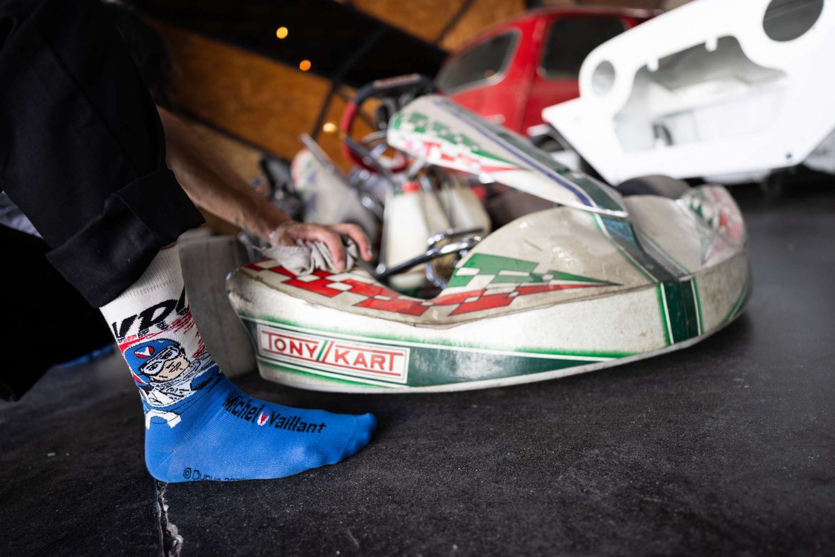 HeelTread's tweet photo. Michel Vaillant, reporting for kart duty. Our collab socks with the most famous racing driver who never existed. Link in bio. #MichelVaillant #Karting #CarSocks #HeelTread https://t.co/QbGAwZFyoC