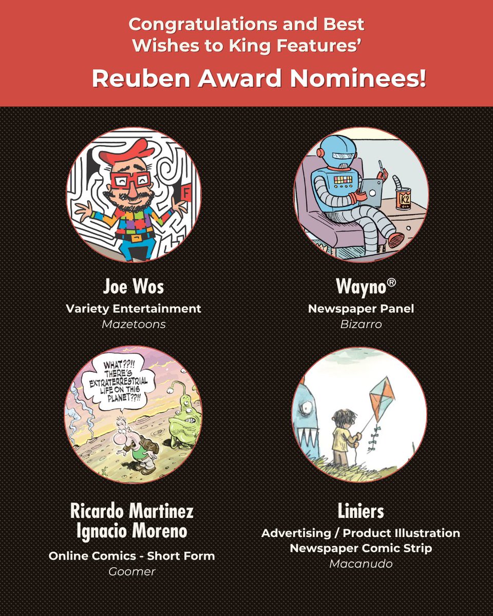 ComicsKingdom's tweet photo. Congratulations to our Reuben Award nominees! Weโre proud to see your incredible talent being recognized! ๐๐ #ReubenAwards #NCS https://t.co/EaZFeW6I6u