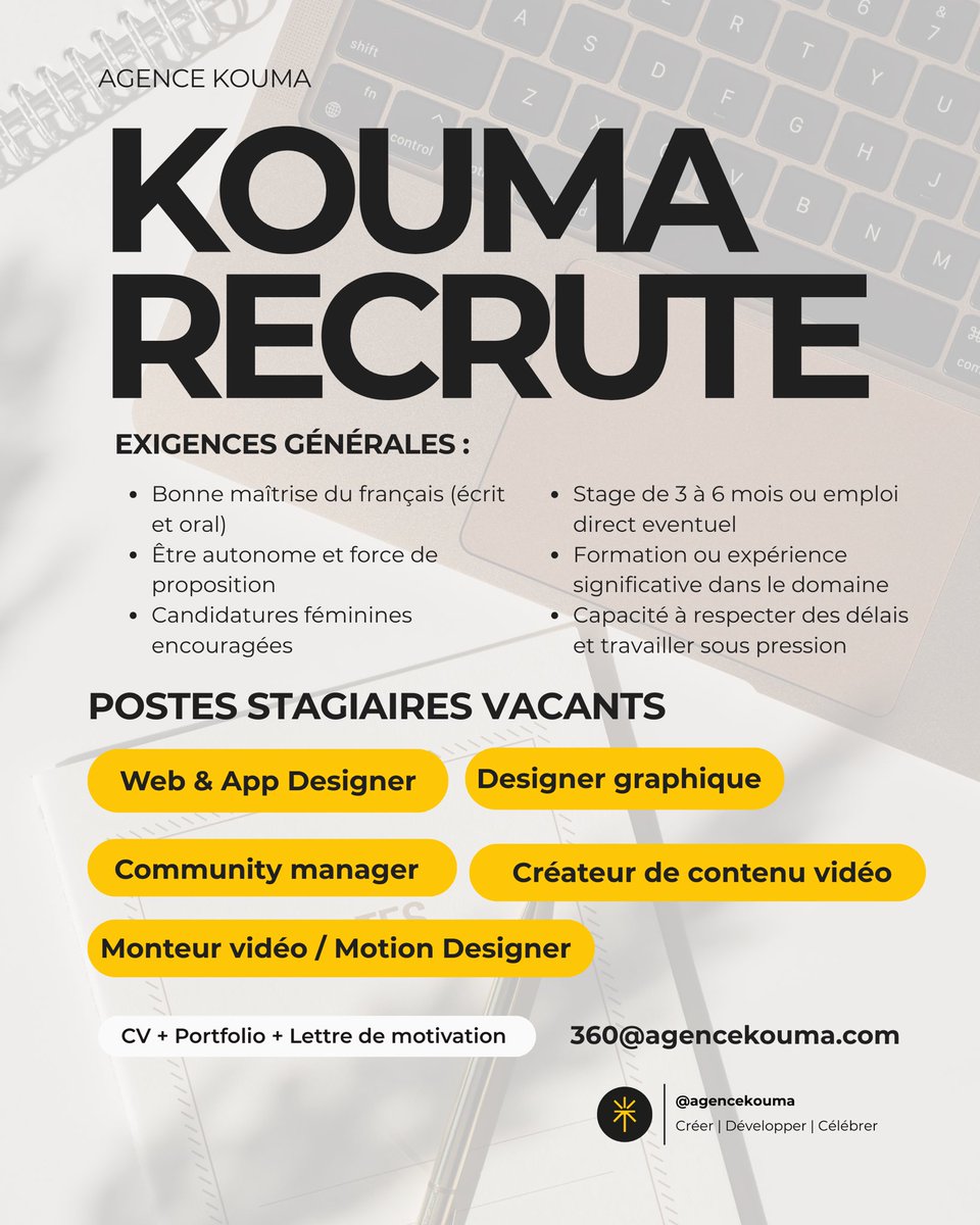 agencekouma's tweet photo. L’équipe Kouma s’agrandit ✨
On recrute : design graphique, vidéo, montage, community management, web &amp; app design.
📍 Stages 3-6 mois, Niamey🇳🇪
👩🏾 Candidatures féminines encouragées
📩 CV + Portfolio + LM → 360@agencekouma.com
🗓️ Avant le 15 août
On veut du haut niveau. https://t.co/QOrD8h4u9T