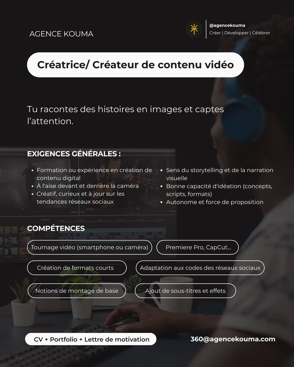 agencekouma's tweet photo. L’équipe Kouma s’agrandit ✨
On recrute : design graphique, vidéo, montage, community management, web &amp; app design.
📍 Stages 3-6 mois, Niamey🇳🇪
👩🏾 Candidatures féminines encouragées
📩 CV + Portfolio + LM → 360@agencekouma.com
🗓️ Avant le 15 août
On veut du haut niveau. https://t.co/QOrD8h4u9T