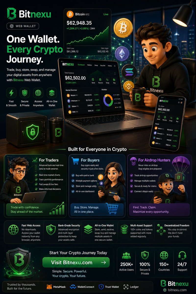 Bitnexu's tweet photo. Imagine working hard for years to build your savings, only to realize one day that you never truly controlled them.

Bitcoin was created to give people ownership of their money. But owning Bitcoin isn't just about buying it, it's about keeping it secure.

The safest approach is to purchase your crypto and move it to a cold wallet, where you control the private keys. Because when you hold your keys, you hold your future.

Your keys. Your crypto.

https://t.co/6jw6tXYa6q Your gateway to buying digital assets with confidence and taking the first step toward secure self-custody.