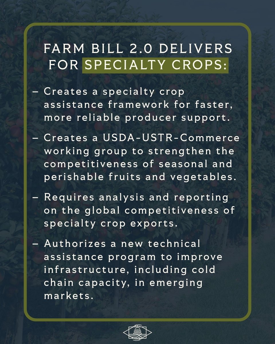 SenateAgGOP's tweet photo. Farm Bill 2.0 strengthens the specialty crop industry by advancing many of producers' priorities.

#BuiltForFarmers #BuiltForRuralAmerica https://t.co/2YcxnRnl30