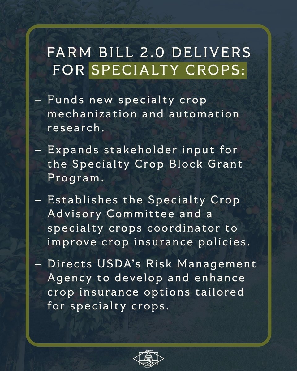 SenateAgGOP's tweet photo. Farm Bill 2.0 strengthens the specialty crop industry by advancing many of producers' priorities.

#BuiltForFarmers #BuiltForRuralAmerica https://t.co/2YcxnRnl30