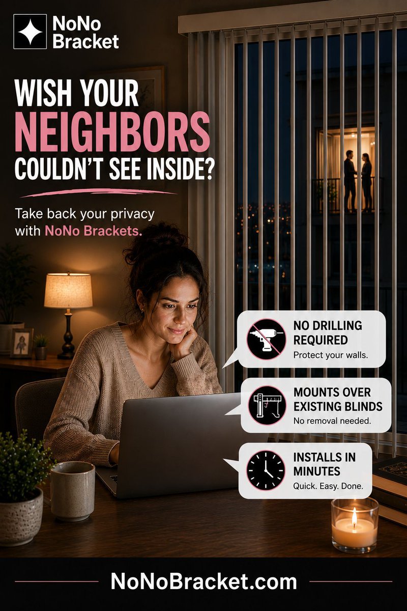 nonobracket's tweet photo. Wish your neighbors couldn't see inside? Take back your privacy tonight. NoNo Brackets mount over your existing blinds in minutes—no drilling, no damage, no lost deposit. Shop → https://t.co/Y9V3h0L09g

#NoNoBrackets #WindowPrivacy #NoDrilling https://t.co/XOuRTDRfg9