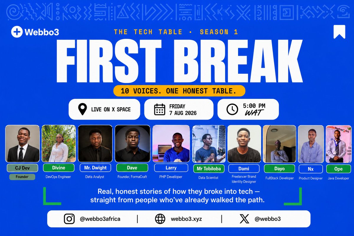 webbo3's tweet photo. 10 voices. One honest table. 🎙️

This Friday, we're pulling back the curtain on what it actually
takes to break into tech, no polish, just real stories from
people who've already walked the path.

🗓️ Fri, 7 Aug · 5PM WAT
📍 Live on X Space

Pull up a seat. This is #TheTechTable. https://t.co/8b1bAePX0L