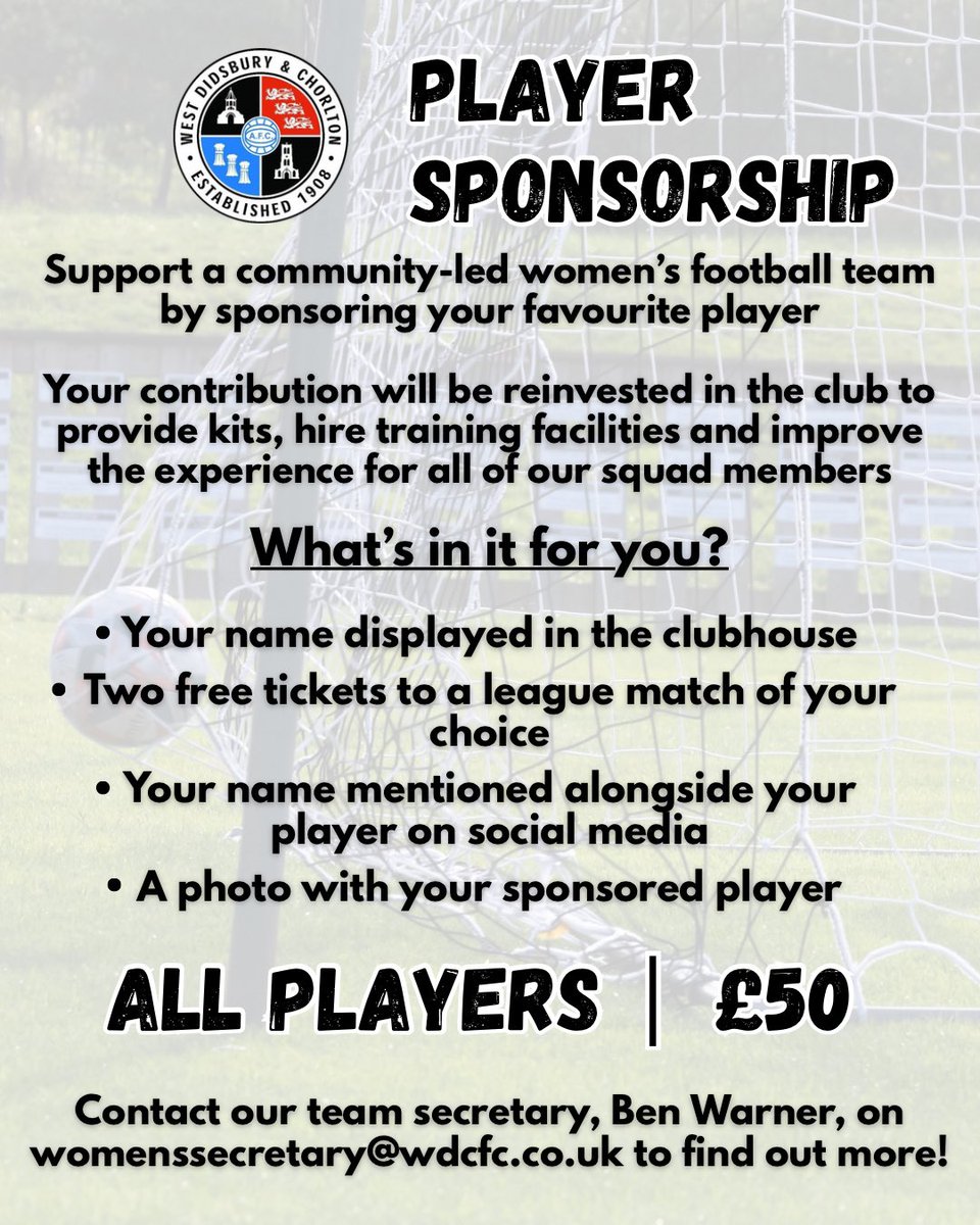 WDC_Women's tweet photo. As we gear up to reveal our squads for the 26/27 season, we’re delighted to announce that Player Sponsorship is NOW OPEN! 🚨

Sponsorship is priced at £50 per player, with money going towards core operational costs like training hire, kits, and more. 🎽

#wdcfc 🤍🖤 https://t.co/EjIwPTEjOE