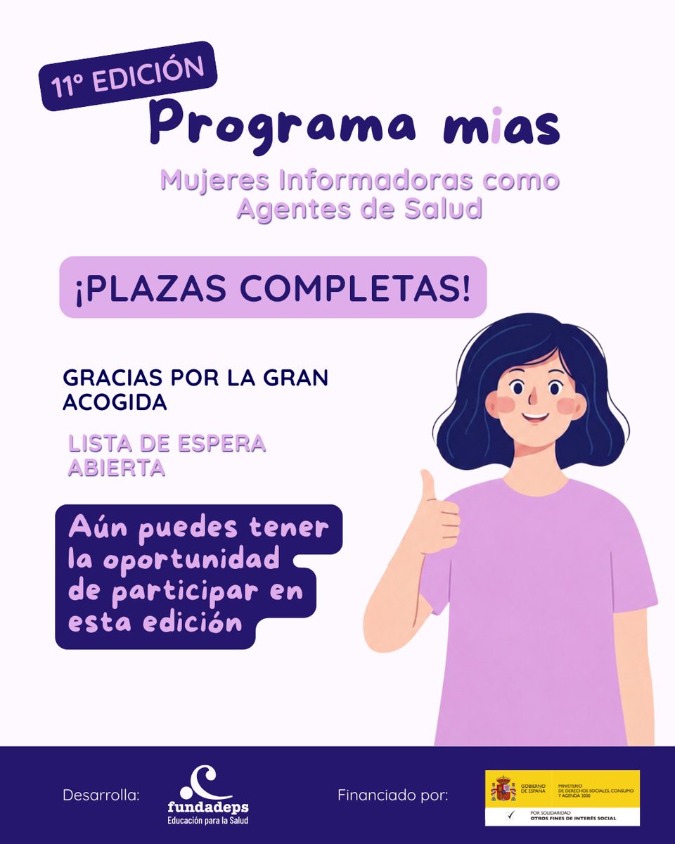 FUNDADEPS's tweet photo. 💜 ¡Plazas completas para la 11.ª edición de #MIAS!

Gracias por la gran acogida. La lista de espera sigue abierta y aún puede darte la oportunidad de participar si se libera alguna plaza.

🔗 Enlace en la bio.

Financiado por @MSocialGob. https://t.co/2EtdgJBGXE