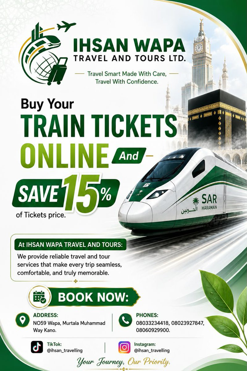 36_Diiamond's tweet photo. 🚄 Book Your Haramain Train Tickets with Ease!
Travel smarter with IHSAN WAPA TRAVEL AND TOURS LTD. Get your Haramain High-Speed Train tickets quickly, securely, and at competitive rates.
✅ Fast Booking
✅ Trusted Service
✅ Stress-Free Travel
#HaramainTrain #Umrah #Hajj #Trave https://t.co/0CqD1sfGD1